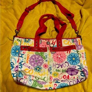 Coach multicolored diaper bag.  I used it for laptop and to carry files.